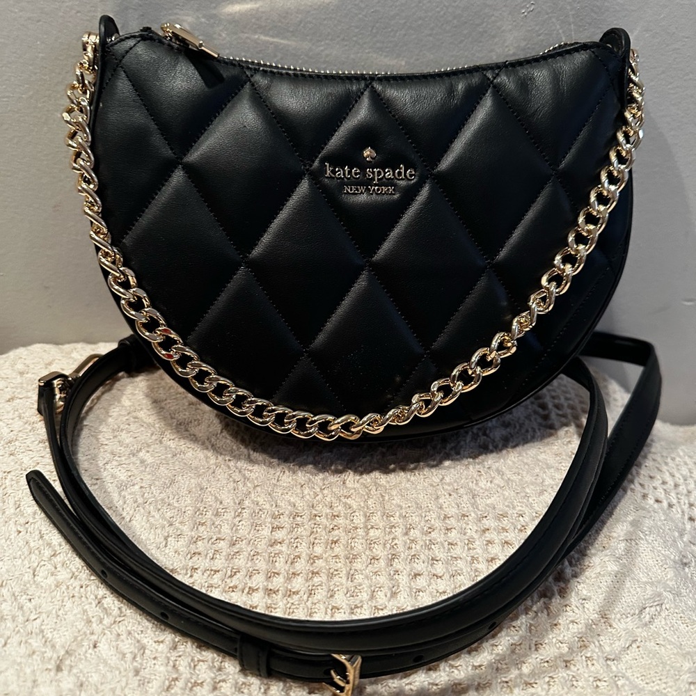 Kate Spade Quilted Black Crossbody Bag with Gold Chain
